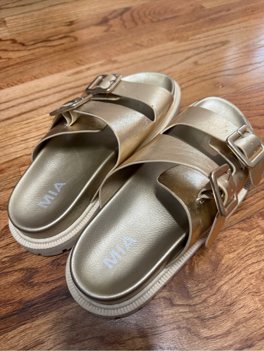 MIA Shimmery Gold Double-Buckle Slide Sandals